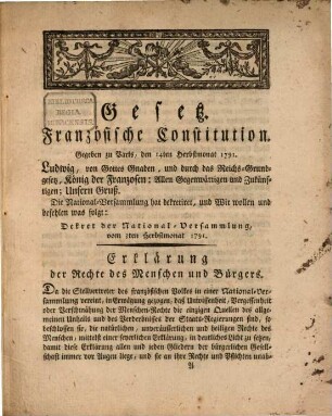 Gesetz. Französische Constitution : Gegeben zu Paris, den 14ten Herbstmonat 1791.