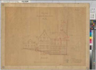 Arnsberg (Arnsberg) Lehrerinnenseminar Blatt 9 Nordansicht, mit eingezeichnetem Turm 1905 1 : 100 61 x 83 Pause Gutenschwager, Kreisbauinspektor Staatshochbauamt Arnsberg