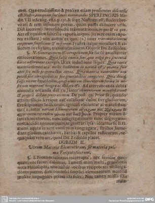 DUBIUM II. Utrum Materia Elementorum, fit materia prima Peripateticorum.
