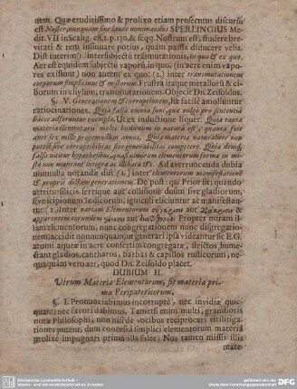 DUBIUM II. Utrum Materia Elementorum, fit materia prima Peripateticorum.