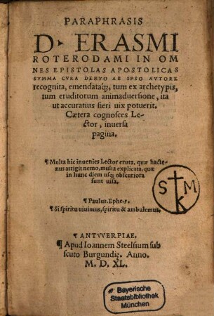 Paraphrasis ... in omnes epistolas apostolicas ...