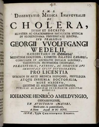 Dissertatio Medica Inauguralis De Cholera