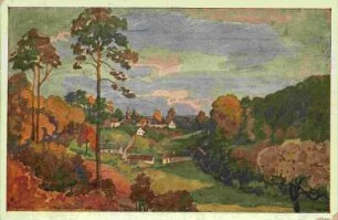 Landschaftsgemälde mit herbstlicher Stimmung und Dorfansicht