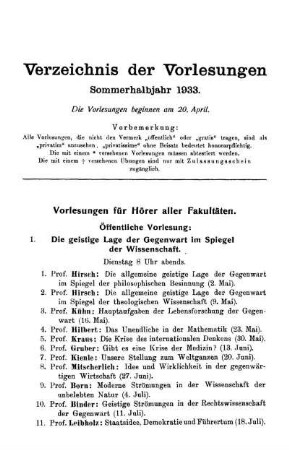Verzeichnis der Vorlesungen Sommerhalbjahr 1933.