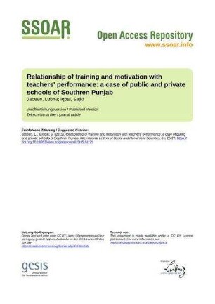 Relationship of training and motivation with teachers' performance: a case of public and private schools of Southren Punjab