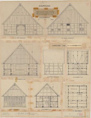 Ostenland bei Delbrück (Kreis Paderborn): Osterhorsthof. - Haupthaus (Nordansicht, Südansicht, Querschnitt). - Speicher und Schweinehaus (Grundriss, Ansichten, Schnitte)