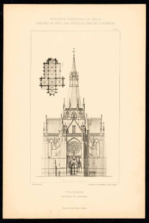 Pfarrkirche: Grundriss und Westseite (aus: C. Schäfer, Die Bauhütte, Entwürfe im Stile des Mittelalters, 1. Bd., 1883, Tafel 56)