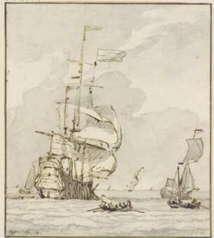 Großes Schiff von links nach hinten segelnd, vorne ein Ruderboot und mehrere andere Schiffe