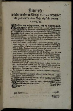 Unterricht, welcher von denen Königl. Medicis wegen der jetzt grassirenden rohten Ruhr abgefasset worden. Anno 1741