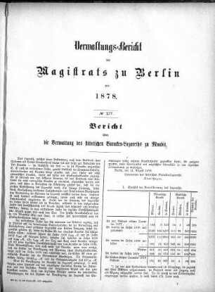 No. XIV. Bericht über die Verwaltung des städtischen Baracken-Lazareths zu Moabit