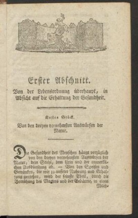 Erster Abschnitt: Von der Lebensordnung überhaupt, in Absicht auf die Erhaltung der Gesundheit
