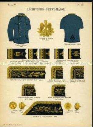 Uniformdarstellung, Detailstudien von Uniformen, Kopfbedeckungen und Abzeichen der Archivare des Generalstabs, Frankreich, 1880/1884.