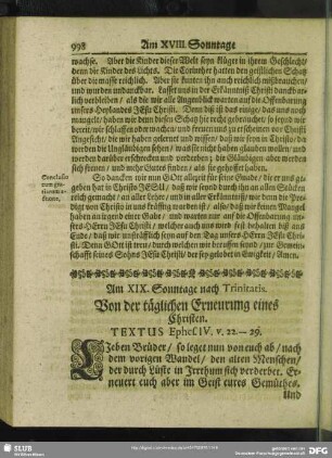 Am XIX. Sonntage nach Trinitatis. Von der täglichen Erneurung eines Christen. Textus Ephes. IV. v. 22 - 29