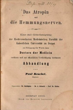 Das Atropin und die Hemmungs-Nerven : Inaug. Diss.