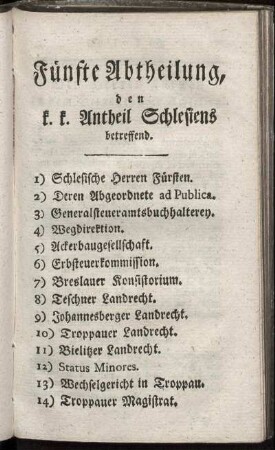 Fünfte Abtheilung, den k. k. Antheil Schlesiens betreffend