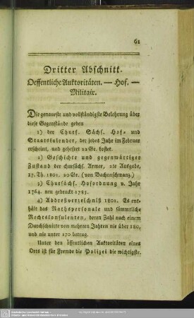 Dritter Abschnitt. Oeffentliche Auktoritäten. - Hof. - Militair