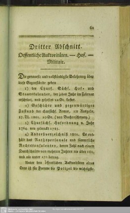 Dritter Abschnitt. Oeffentliche Auktoritäten. - Hof. - Militair