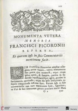 Monumenta vetera Memoria Francisci Ficoronii Reperta