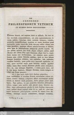 [I.] De Consensu Philosophorum Veterum In Summo Bono Definiendo