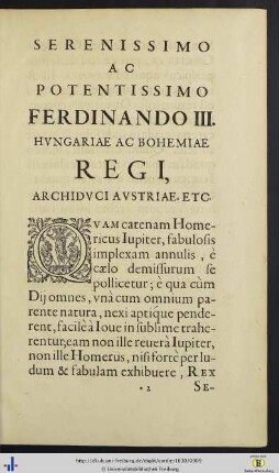 Serenissimo Ac Potentissimo Ferdinando III. Hungariae Ac Bohemiae Regi, Archiduci Austrae, etc.