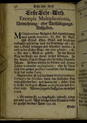 Erste Lehr-Arth. Exempla Multiplicationis, Vermehrung- oder Vielfältigungs-Aufgaben.