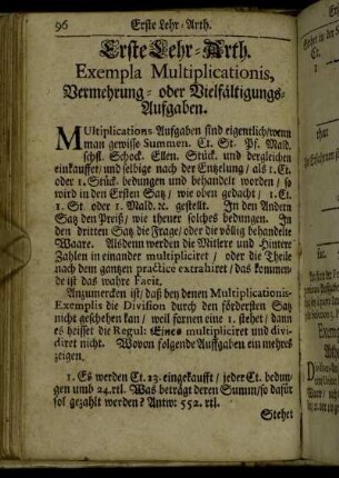Erste Lehr-Arth. Exempla Multiplicationis, Vermehrung- oder Vielfältigungs-Aufgaben.