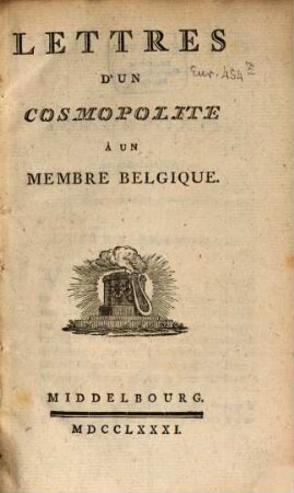 Lettres d'un Cosmopolite à un membre belgique