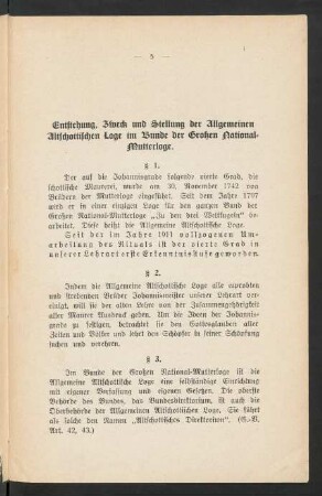 Entstehung, Zweck und Stellung der Allgemeinen Altschottischen Loge im Bunde der Großen National-Mutterloge.