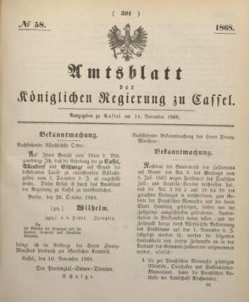 № 58. Ausgegeben zu Cassel am 14. November 1868.