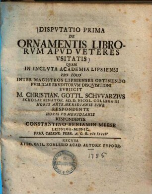 Dispvtatio ... De Ornamentis Librorvm Apvd Veteres Vsitatis, 1