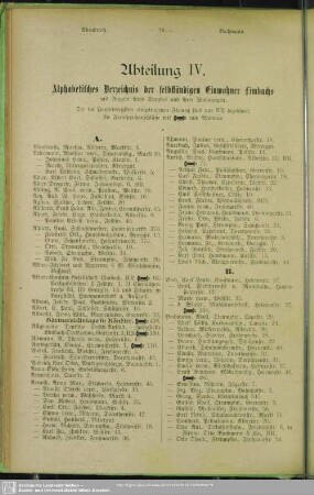 Abtheilung IV. Einwohnerverzeichnis : Abteilung IV. Alphabetisches Verzeichnis der selbständigen Einwohner Limbachs mit Angabe ihres Standes und ihrer Wohnungen