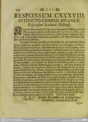Responsum CXXXVIII. In Puncto Criminis Bigamiae