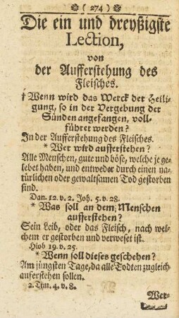 Die ein und dreyßigste Lection, von der Aufferstehung des Fleisches.