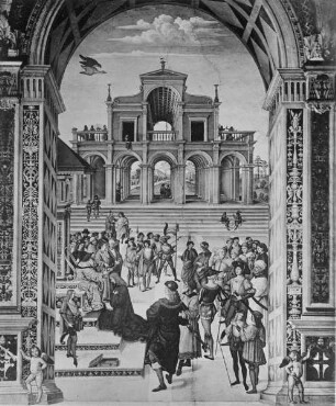 Ausmalung der Libreria Piccolomini — Leben des Enea Silvio Piccolomini, des späteren Pius II. — Enea S. Piccolomini wird durch Kaiser Friedrich III. zum Dichter gekrönt