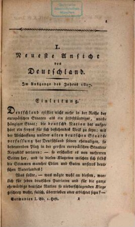 Germanien : e. Zeitschrift für Staatsrecht, Politik u. Statistik v. Deutschland. 1, 1. 1808