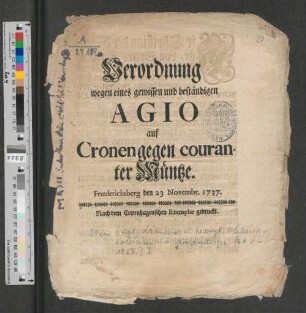 Verordnung wegen eines gewissen und beständigen Agio auf Cronen gegen couranter Müntze : Friederichsberg den 23 Novembr. 1737