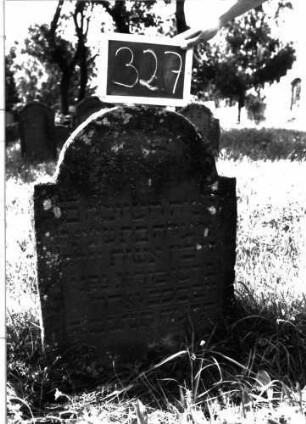 Grabstein 327 (Index: 100103090) Material: Sandstein Zustand: gut erhalten, unten beginnende Verwitterung Maße HxBxT: 83x58x8 cm Beschreibung: Stele, eingezogener Rundbogenabschluss, Schriftfeld eingetieft: Grabstein 327