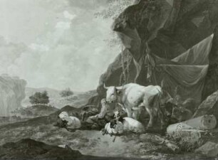 Hirten und Herden unter Felsen