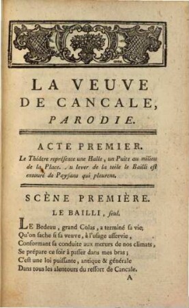 La Veuve De Cancale : Parodie De La Veuve Du Malabar; En Trois Actes Et En Vers ; Représentée pour la premiere fois sur le Théâtre de la Comédie Italienne, le 3 Octobre 1780