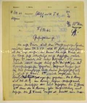 Handschriftlich ausgefüllter Vordruck zur Meldung über den aktuellen Verlauf des Kriegsgeschehens; 8./Regiment 66 an das II./Regiment 66; Uhrzeit 10:00 Uhr