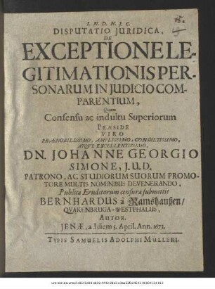Disputatio Iuridica, De Exceptione Legitimationis Personarum In Iudicio Comparentium