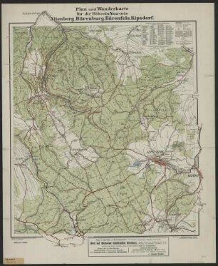 Wanderkarte der Umgebung von Altenberg, 1:20 000, Druck, um 1911 : Plan und Wanderkarte für die Höhenluftkurorte Altenberg, Bärenburg, Bärenfels, Kipsdorf / Unter Zugrundelegung der topographischen Karte von Sachsen bearbeitet von R. Mittelbach. - 1:20 000. - Leipzig : Mittelbach , [ca. 1911]. - 1 Kt. : mehrfarb. ; 52 x 58 cm, gefaltet. - Nebent.: Altenberg, Bärenburg, Bärenfels, Kipsdorf