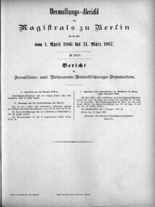 No. XXIV. Bericht der Invaliden- und Vetreranen-Unterstützungs-Deputation