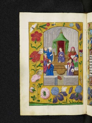 Vollbordürenseite mit Streumusterbordüre und Miniatur: 12jähriger Jesus im Tempel (Terz)