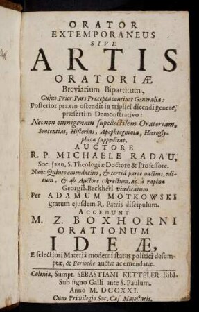 1r-Y4v, Orator Extemporaneus Sive Artis Oratoriae