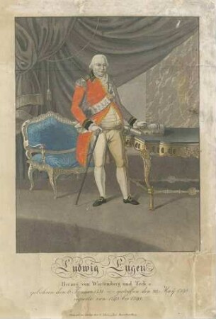 Ludwig Eugen, Herzog von Württemberg (1731-1796), stehend mit Stock und Krone in der Hand, in Halbprofil