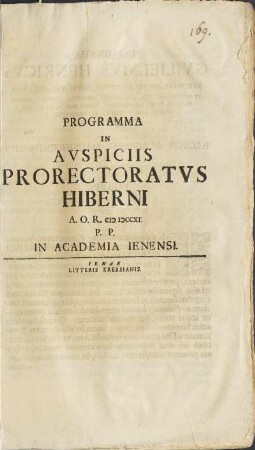 Programma In Avspiciis Prorectoratvs Hiberni A. O. R. CIƆ IƆCC XII P. P. In Academia Ienensis.