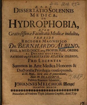 Dissertatio Solennis Medica, De Hydrophobia