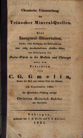 Chemische Untersuchung der Teinacher Mineral-Quellen : eine Inaugural-Dissertation
