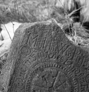 Gedenkstein mit Inschrift und Mühlenemblem. Bezeichnet 1858. Detail: Vorderseite, obere Hälfte. Altenberg-Schellerhau, Schellermühlenweg